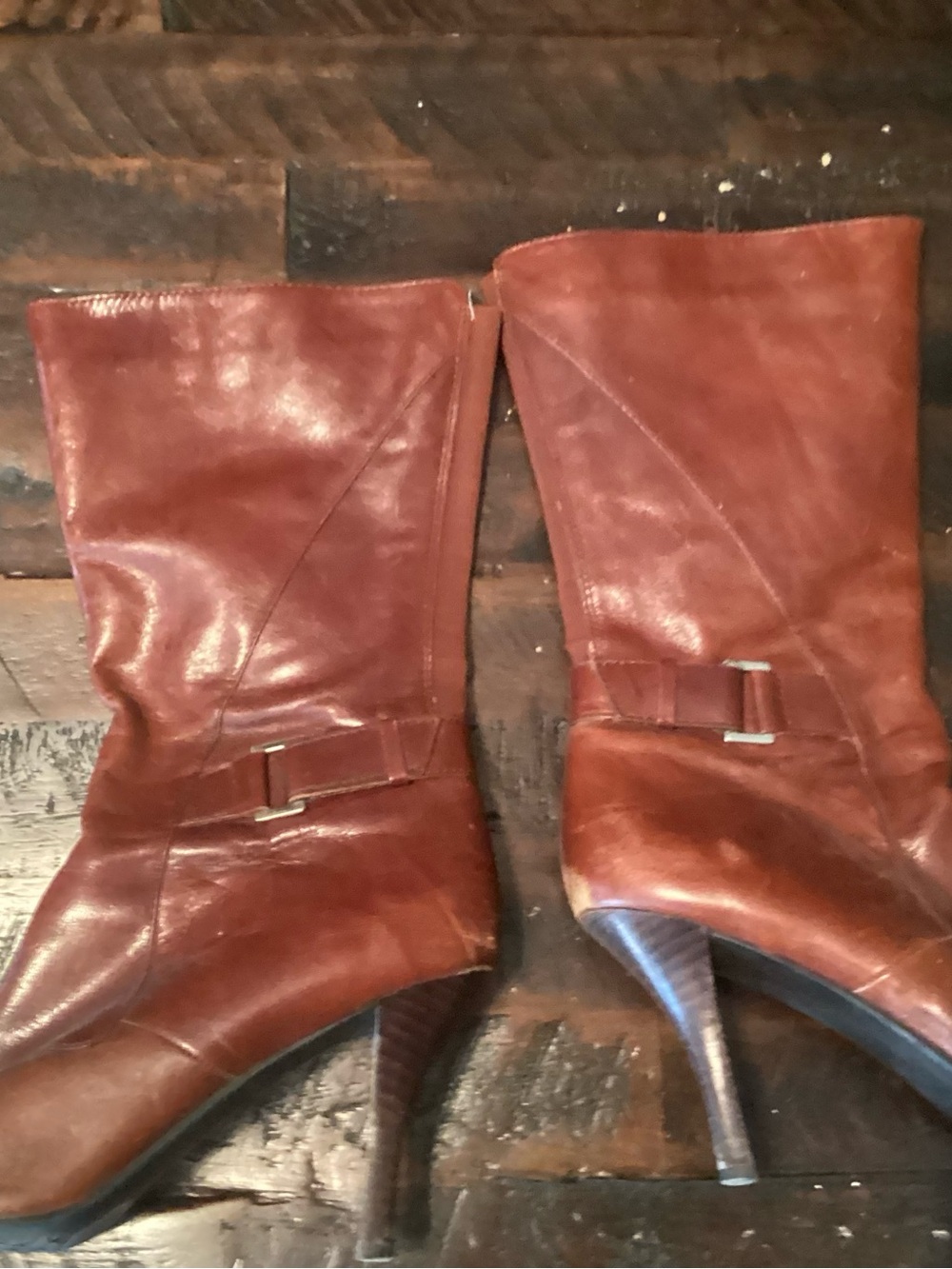 Nine West Cognac Brown Leather Mid-Calf Heeled Boots